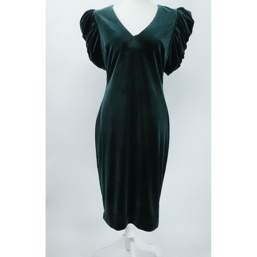 Badgley Mischka Dress Womens 10‎ Green Velvet Puff Sleeve Sheath Holiday Event